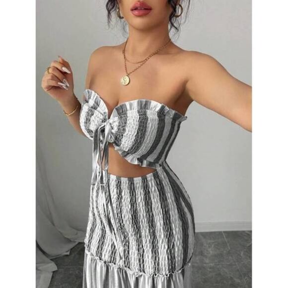 2025 Summer New Arrival Wrap Bust Elegant Blue & White Striped Sexy - Picture 6 of 8